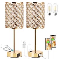 Touch Control Crystal Table Lamp-Dimmable Nightstand Lamp With Usb-C+A & Ac Charging Ports, 3-Way Usb Gold Lamp, Bedside Desk Light For Bedroom Living Room Home Office(Bulb Included & Set Of 2)