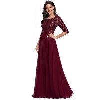 Ever-Pretty Womens Long A-Line 34 Sleeve Round Neck Sequin Evening Dress Burgundy Us00