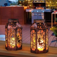 Singingarden Solar Lanterns Outdoor Garden Hanging Lantern Waterproof Led Metal Bronze Moon Fairy Lantern Waterproof Flickering