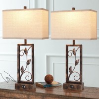 Farmhouse Touch Control Table Lamps Set Of 2 With Usb Ports, 3-Way Dimmable Retro Rustic Bedside Leaf Lamp, Vintage Nightstand Desk Lamp For Bedroom Living Room Entryway, 2 Bulbs Included (Bronze)