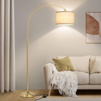 Gold Floor Lamp, Arc Floor Lamp For Living Room With Adjustable Drum Lampshade, Modern Tall Standing Lamp With On/Off Foot Switch, Over Couch Arched Reading Light For Reading, Bedroom, Office