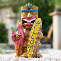 Eptuega Tiki Solar Tiki Statue- Waterproof For Home And Outdoor Statues - Welcome Tiki Garden Surfboard Statues Led For Tiki Bar, Patio, Balcony, Yard, Backyard,Lawn Ornament, 11.42 Inch Tall