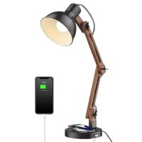 Elyona Modern Led Desk Lamp With Upgraded Wireless Charger Usb C Charging Port Sapele Wood Table Lamp Swing Arm Bedside Readin