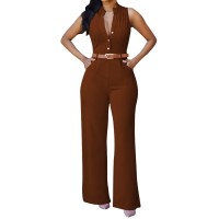 Pink Queen Summer Jumpsuits For Women Dressy Sleeveless Button Wide Leg Long Pants Club Rompers Burnt Orange 2Xl