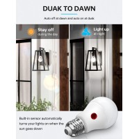 Dusk To Dawn Light Bulbs Outdoor, A19 Led Light Bulb With Automatic Auto On/Off Light Sensor, 5000K-Daylight, E26 Base, 900Lm, 9W (60W Equivalent) Smart Sensor Lights For Porch Garage Yard, 4 Pack