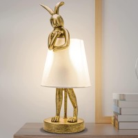 Jgoewbj Bunny Table Lamp Resin Rabbit Desk Light Animal Lamps With Linen Shade Vintage Antique Gold Main Part White Lamp Sha