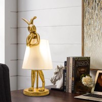 Jgoewbj Bunny Table Lamp Resin Rabbit Desk Light Animal Lamps With Linen Shade Vintage Antique Gold Main Part White Lamp Sha