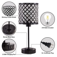 Touch Control Crystal Table Lamp Set Of 2, Black Bedside Nightstand Lamps With 2 Usb Charging Ports 3-Way Dimmable Crystal Decorative Desk Lamp For Bedroom Guest Room Living Room, Bulbs Included