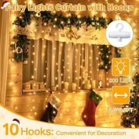 Ollny Fairy Lights Curtain 200 Led 66X66Ft Usb Warm White Christmas Curtain Lights With Hook Waterproof Window Lights For Be