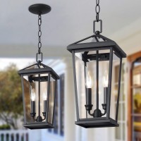 Mo&Ok Large Outdoor Pendant Light Fixtures,Height Adjustable Porch Lights,Black Hanging Lamp(Armoured Glass Lampshade),Farmhouse Exterior Chandelier For Home Entrance Front Porch Outside