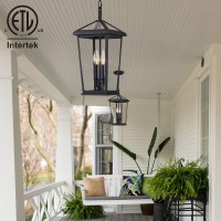 Mo&Ok Large Outdoor Pendant Light Fixtures,Height Adjustable Porch Lights,Black Hanging Lamp(Armoured Glass Lampshade),Farmhouse Exterior Chandelier For Home Entrance Front Porch Outside