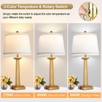 Rottogoon 29 Gold Table Lamps For Living Room Set Of 2 3Color Temperature Nightstand Modern Lamps With Dual Usb Charging Por