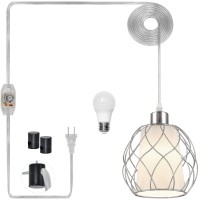 Ruzectt Plug In Pendant Light Hanging Light With Plug In Cord Silver Hanging Lamp With Dimmable Switch 15 Ft Cotton Cord Hanging