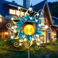 Kacux Solar Garden Metal Sun Lights Decor, Golden Blue Stake Lights Decorative With Vine String Shining Led Lamps Decorative Metal Art Sun Sculpture Crackle Glass Globe Outdoor Lawn Yard Ornament