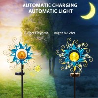 Kacux Solar Garden Metal Sun Lights Decor, Golden Blue Stake Lights Decorative With Vine String Shining Led Lamps Decorative Metal Art Sun Sculpture Crackle Glass Globe Outdoor Lawn Yard Ornament