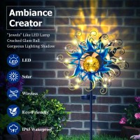 Kacux Solar Garden Metal Sun Lights Decor, Golden Blue Stake Lights Decorative With Vine String Shining Led Lamps Decorative Metal Art Sun Sculpture Crackle Glass Globe Outdoor Lawn Yard Ornament