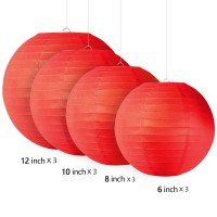 12Pcs Red Paper Lanterns With 12Pcs White Led Lights 6 8 10 12 Round Hanging Chinesejapanese Ball Lantern For Valentin