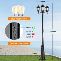 Partphoner Outdoor Lamp Post Light With Gfci Outlet 3Head Classic Black Light Pole With Glass Panels 3 Led Bulbs Included A