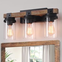 Farmhouse Bathroom Light Fixtures, 3-Lights Wood Grain Rustic Black Bathroom Vanity Light Over Mirror With Clear Glass Shade, Farmhouse Wall Sconces