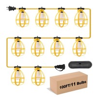 Yaoledly 100Ft Construction String Lights With Outdoor Extension Cord Safety Cover 100W 11 Bulbs Work Lights Ip65 Waterproof