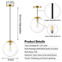 Kokoyukina 6Inch Mini Modern Globe Pendant Light Clear Glass With Brass Finish Contemporary Mid Century Adjustable Hanging Lig