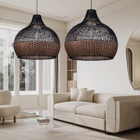 Arturesthome Rattan Pendant Light Fixtures, Wicker Boho Black Basket Lighting Chandelier, Large Natural Woven Ceiling Hanging Lamp For Kitchen Island Dining Room