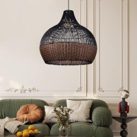 Arturesthome Rattan Pendant Light Fixtures, Wicker Boho Black Basket Lighting Chandelier, Large Natural Woven Ceiling Hanging Lamp For Kitchen Island Dining Room