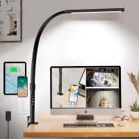 Desk Lamp For Home Office, Eye-Caring Led Desk Lamp With Usb C+A Charging Port, Architect Desk Light 5 Lighting 5 Brightness, Flexible Gooseneck Clamp Desk Lamp For Reading Study