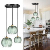 Avgnlxqe 3-Light Pendant Light, Modern Retro Green Striped Glass Lampshade E26 Height Adjustable Ceiling Hanging Lamp, Diy Chandelier For Kitchen Island/Dining Room/Living Room/Bedroom (3 Light)