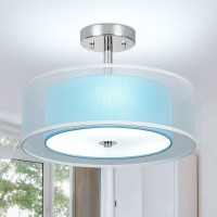 Dllt 3-Light Semi Flush Mount Ceiling Light Fixture, 15'' Blue Drum Light Ceiling Hanging With Double Fabric Shade, Modern Close To Ceiling Lamp For Living Room Bedroom Kitchen Dining Room Entry Foyer