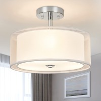 Dllt 3-Light Modern Semi Flush Mount Ceiling Light Fixture, 12.6 Drum Light With Double Fabric Shade, Brushed Chrome Close To Ceiling Lights For Living Room Dining Room Bedroom Hallway Entry Foyer