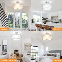 Dllt 3-Light Modern Semi Flush Mount Ceiling Light Fixture, 12.6 Drum Light With Double Fabric Shade, Brushed Chrome Close To Ceiling Lights For Living Room Dining Room Bedroom Hallway Entry Foyer