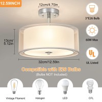 Dllt 3-Light Modern Semi Flush Mount Ceiling Light Fixture, 12.6 Drum Light With Double Fabric Shade, Brushed Chrome Close To Ceiling Lights For Living Room Dining Room Bedroom Hallway Entry Foyer