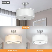 Dllt 3-Light Modern Semi Flush Mount Ceiling Light Fixture, 12.6 Drum Light With Double Fabric Shade, Brushed Chrome Close To Ceiling Lights For Living Room Dining Room Bedroom Hallway Entry Foyer