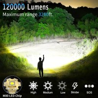 Rechargeable Led Flashlight, Super Bright Flashlight, 10000 High Lumen Flashlight, 5 Modes Zoomable Flashlight, Waterproof Flashlight, For Camping, Outdoor Activities And Emergencies (Silver)