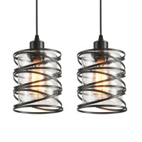 Ihengyanlt 2 Pack Black Spiral Cage Pendant Lights With Clear Glass Shade Suitable For Kitchen Island Dining Table Entryway