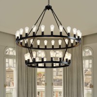 Viksroeo 48 Inch Black Extra Large Wagon Wheel Chandelier, 2 Tier 40-Lights Farmhouse Industrial Round High Ceiling Pendant Light Adjustable Chain, For Dining Room, Living Room