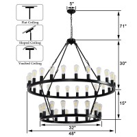 Viksroeo 48 Inch Black Extra Large Wagon Wheel Chandelier, 2 Tier 40-Lights Farmhouse Industrial Round High Ceiling Pendant Light Adjustable Chain, For Dining Room, Living Room