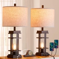 Set Of 2 Farmhouse Table Lamps With Usb Ports 26Tall Bedside Touch Lamp With 2 Led Nightlight Blubs 3Way Dimmable Bedroom N