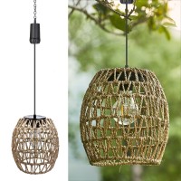 6 Hours Timer Battery Operated Outdoor Hanging Light Seagrass Woven Waterproof Porch Gazebo Patio Pendant Lantern Chandelier Lig