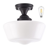 Ayshwilldec Schoolhouse Light Fixture, 12'' Mid Century, Milk Glass, Semi Flush Mount Ceiling Light For Bedroom Kitchen, Black, Incl. Led Bulb