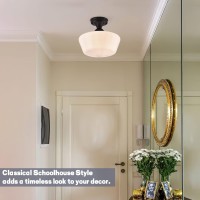 Ayshwilldec Schoolhouse Light Fixture, 12'' Mid Century, Milk Glass, Semi Flush Mount Ceiling Light For Bedroom Kitchen, Black, Incl. Led Bulb