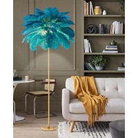 Xwhaob Ostrich Feather Lamp, Standing Lamp With Golden Finish, Dimmable With Foot Switch, Bedroom Standing Lamp, Decorative Lamp For Living Room Bedroom Office Shop Window, G4-Led Bulb (Blue)