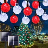 Red And White Solar Christmas String Lights, 2-Pack Total 100 Led 64Ft Crystal Globe Solar String Lights Outdoor, Waterproof Solar Christmas Lights With 8 Modes For Garden Christmas Decorations