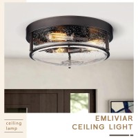 Emliviar 15 Inch Farmhouse Flush Mount Ceiling Light Fixture, Outdoor 3-Light Ceiling Lamp For Porch Kitchen Living Room, Seeded Glass Oil Rubbed Bronze Finish, Ge263Mf Orb