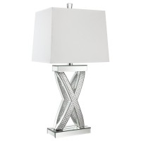 Bold interwoven lines create an Xshape base of this contemporary table lamp With a glamorous flair this stunning table lamp offers up a border of polished square tiles inset within a mirror trim silhouette design A flush top and bottom covered in mirror t