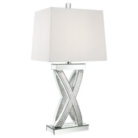 Bold interwoven lines create an Xshape base of this contemporary table lamp With a glamorous flair this stunning table lamp offers up a border of polished square tiles inset within a mirror trim silhouette design A flush top and bottom covered in mirror t