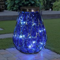 Exhart Outdoor Garden Solar Lights, Tabletop Glass And Caged Metal Accent Lantern, 25 Firefly Led Lights, 7 X 9 Inch, Blue