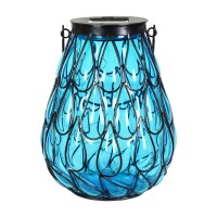 Exhart Outdoor Garden Solar Lights, Tabletop Glass And Caged Metal Accent Lantern, 25 Firefly Led Lights, 7 X 9 Inch, Blue