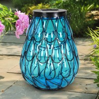 Exhart Outdoor Garden Solar Lights, Tabletop Glass And Caged Metal Accent Lantern, 25 Firefly Led Lights, 7 X 9 Inch, Blue